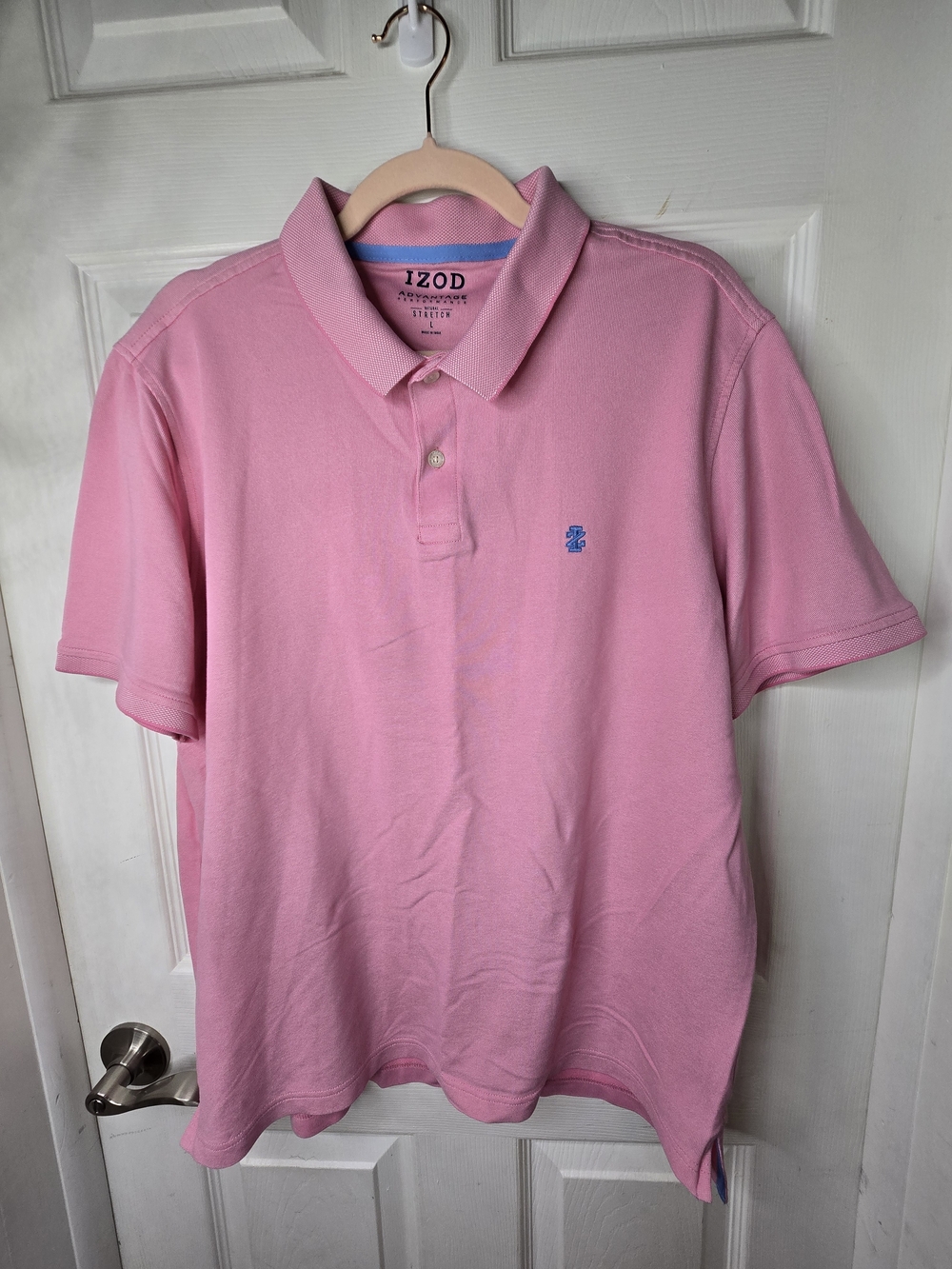 Izod Men’s Light Pink Pique Polo with Blue Logo